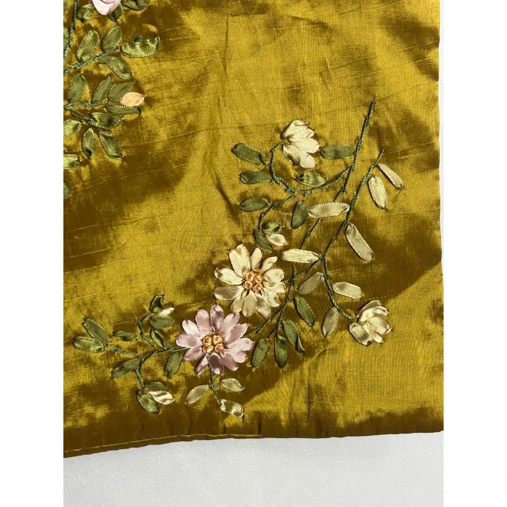Huayu Set of 2 Gold Ribbon Embroidery Floral Pillow Covers 17.5x17.5 LH04-555